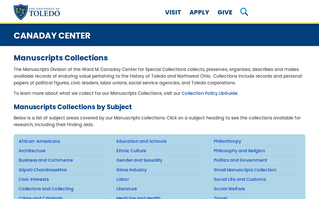 Toledo previous residents Canaday Center manuscript research collections